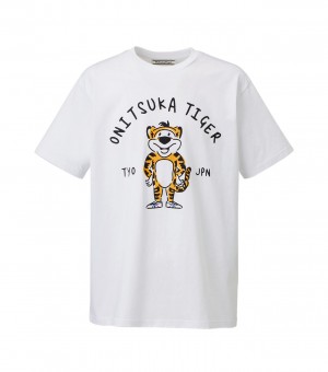 White Onitsuka Tiger Graphic T Shirts | 39061-UDWQ