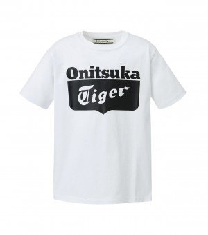 White / Black Onitsuka Tiger Logo T Shirts | 74169-GUOD