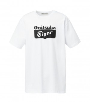 White / Black Onitsuka Tiger Logo T Shirts | 57964-BHNT