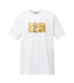 White / Gold Onitsuka Tiger Logo T Shirts | 84715-MSFJ