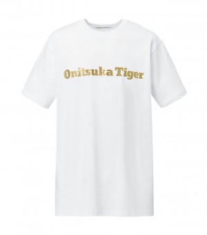 White / Gold Onitsuka Tiger Logo T Shirts | 35426-JOXV