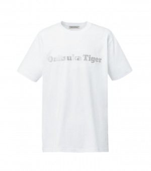 White / Silver Onitsuka Tiger Logo T Shirts | 09472-QKJE