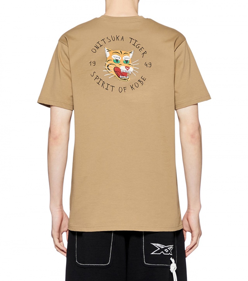 Beige Onitsuka Tiger Graphic T Shirts | 09523-AGQR