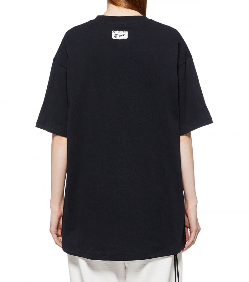 Black Onitsuka Tiger Graphic T Shirts | 04382-WQLG