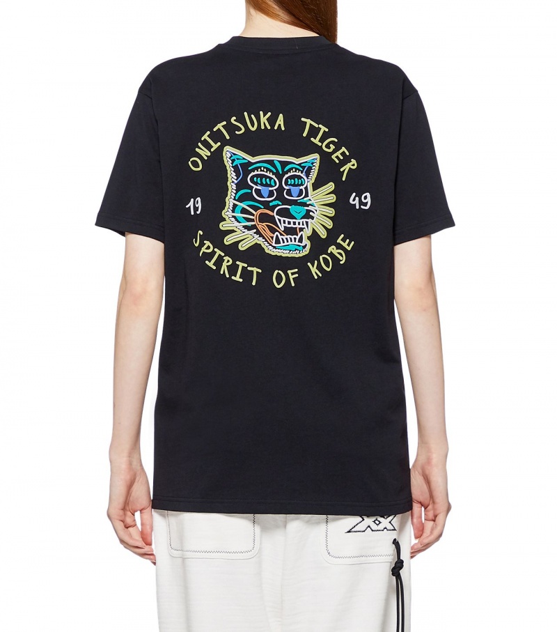 Black Onitsuka Tiger Graphic T Shirts | 93517-UDZH