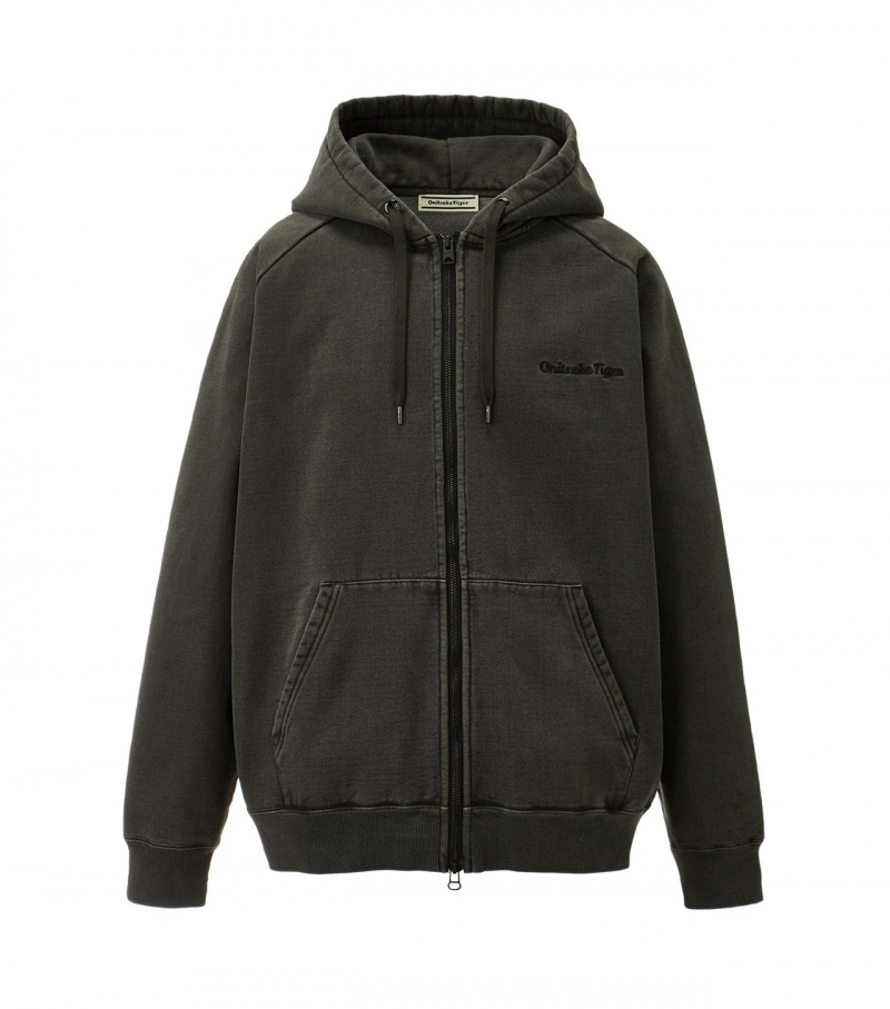 Black Onitsuka Tiger Washed Zip Up Hoodie | 76490-RWSP