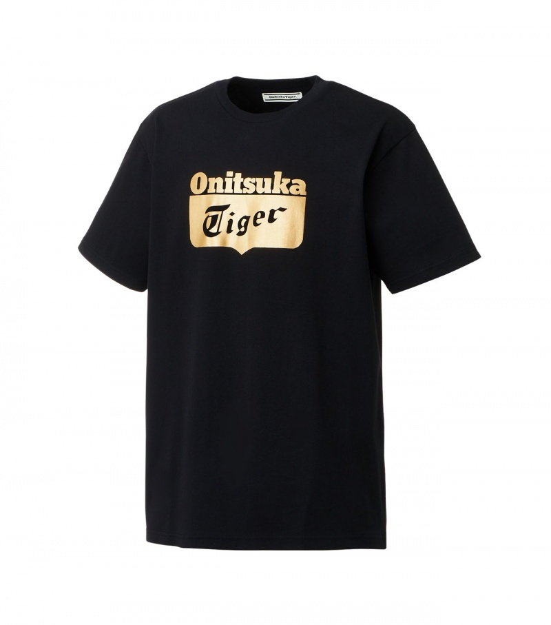 Black / Gold Onitsuka Tiger Logo T Shirts | 93748-UBWD