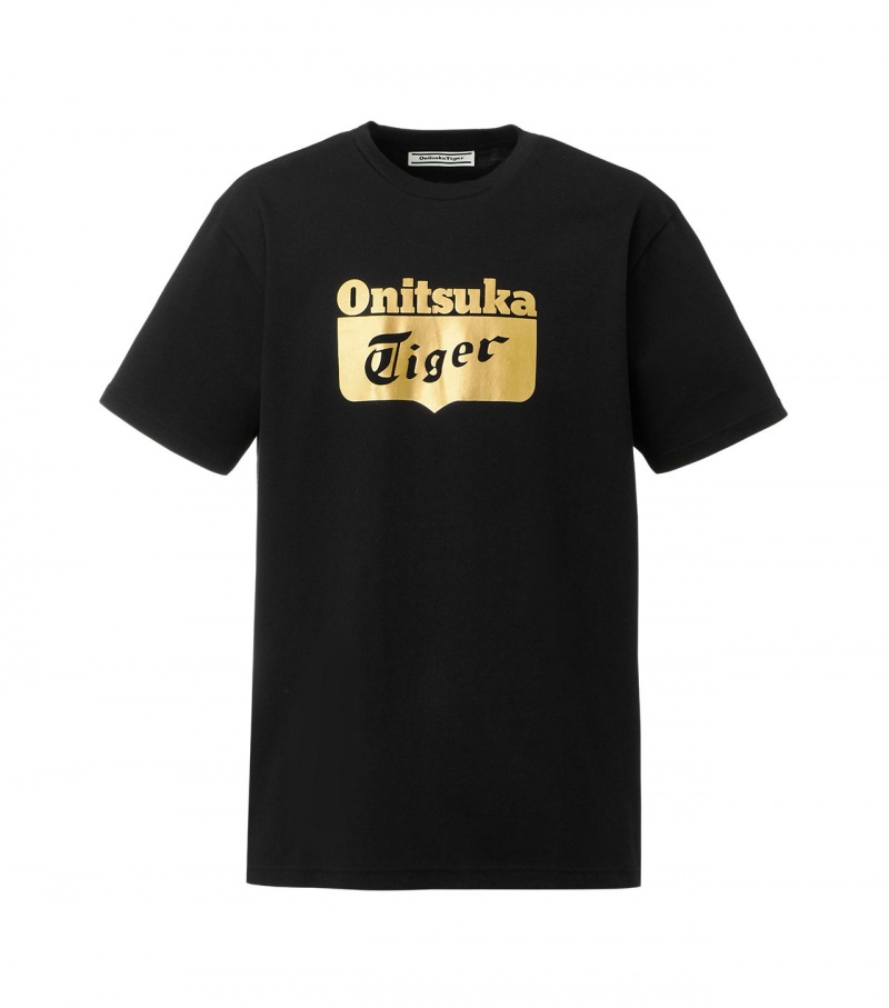 Black / Gold Onitsuka Tiger Logo T Shirts | 93748-UBWD