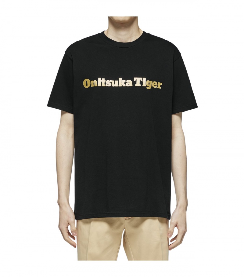 Black / Gold Onitsuka Tiger Logo T Shirts | 18634-QIJH