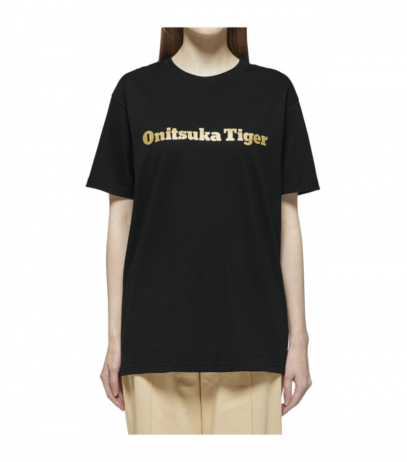 Black / Gold Onitsuka Tiger Logo T Shirts | 18634-QIJH