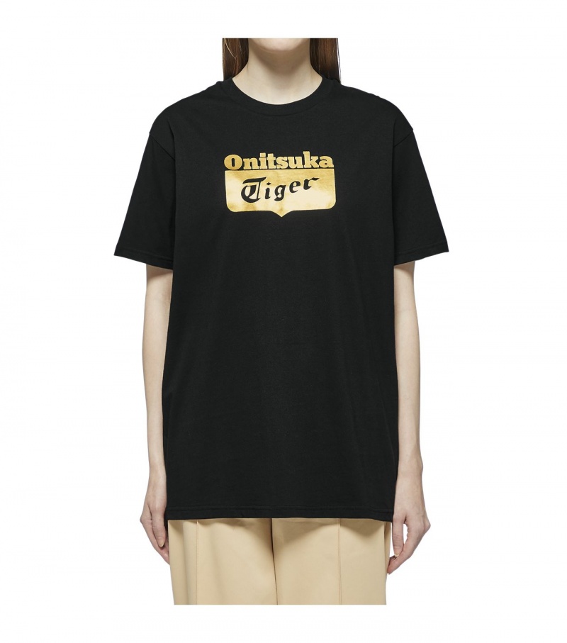 Black / Gold Onitsuka Tiger Logo T Shirts | 91280-HKXZ