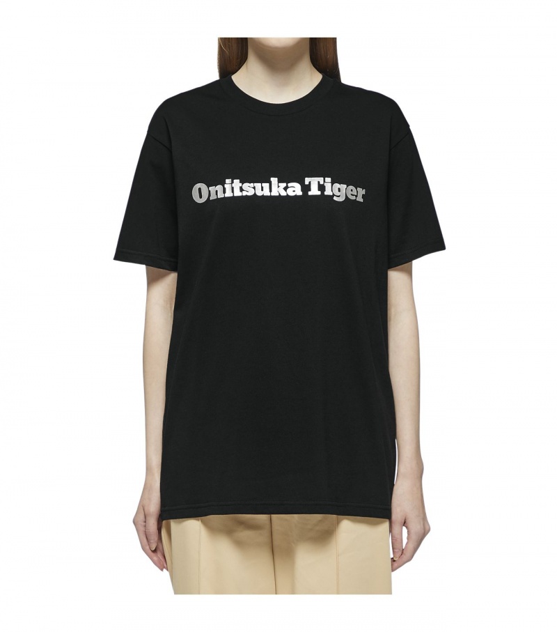 Black / Silver Onitsuka Tiger Logo T Shirts | 87654-RZFQ