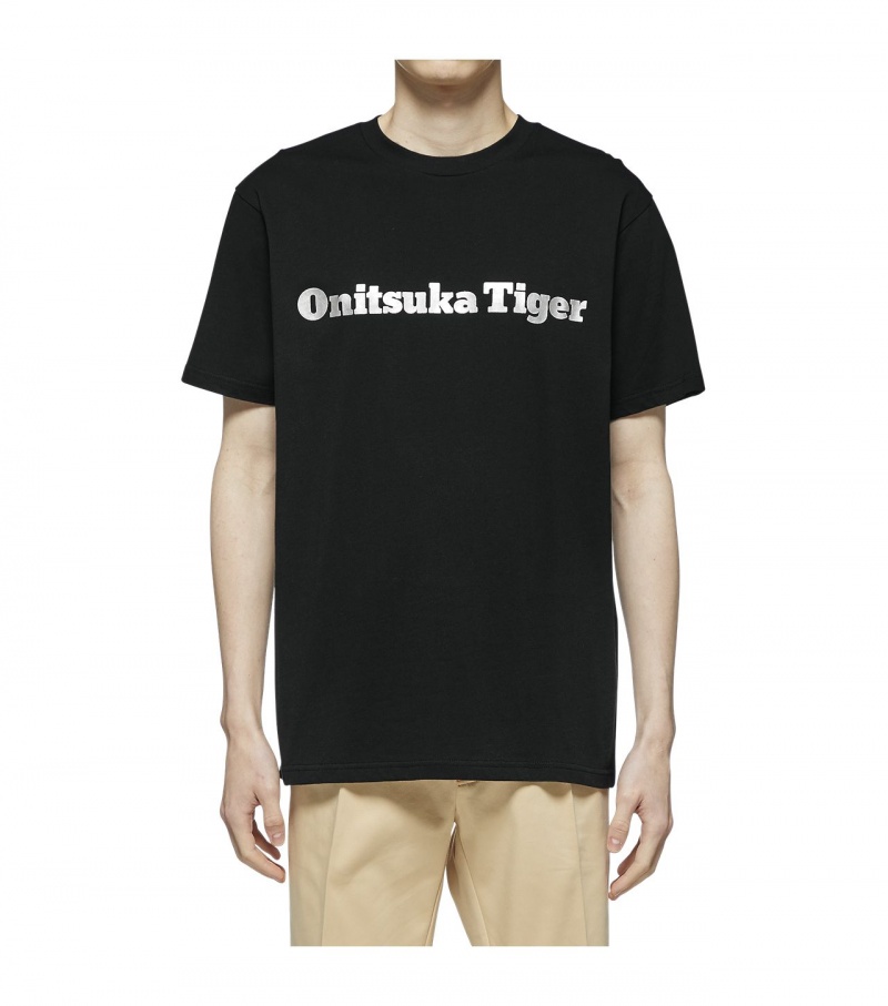 Black / Silver Onitsuka Tiger Logo T Shirts | 93680-WCBK