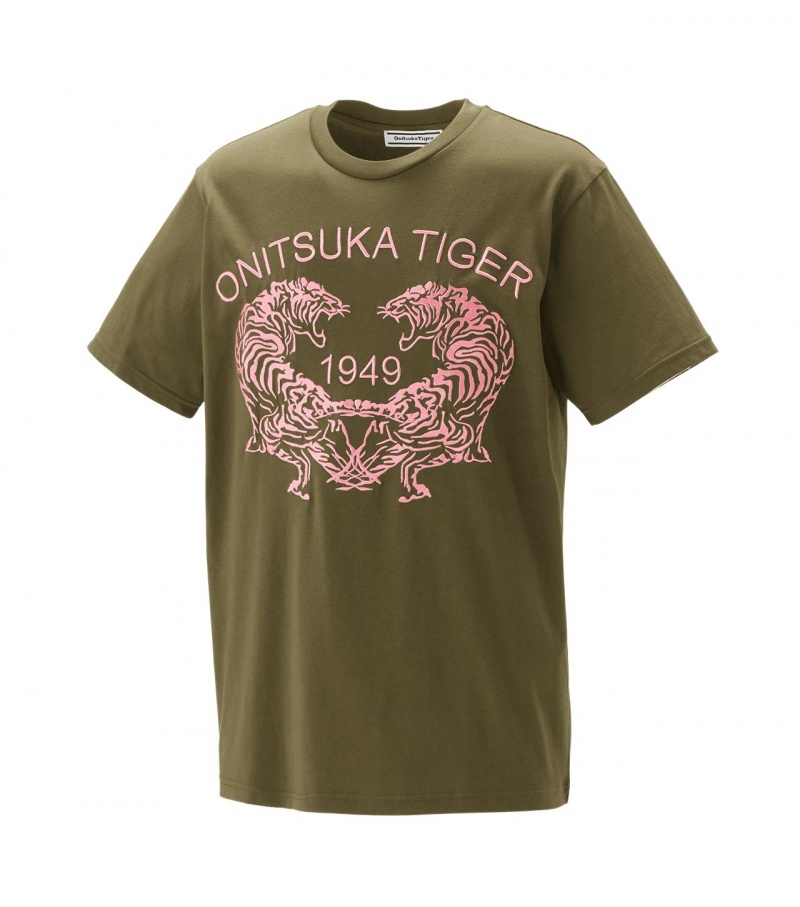 Khaki Onitsuka Tiger Graphic T Shirts | 25198-NOUH