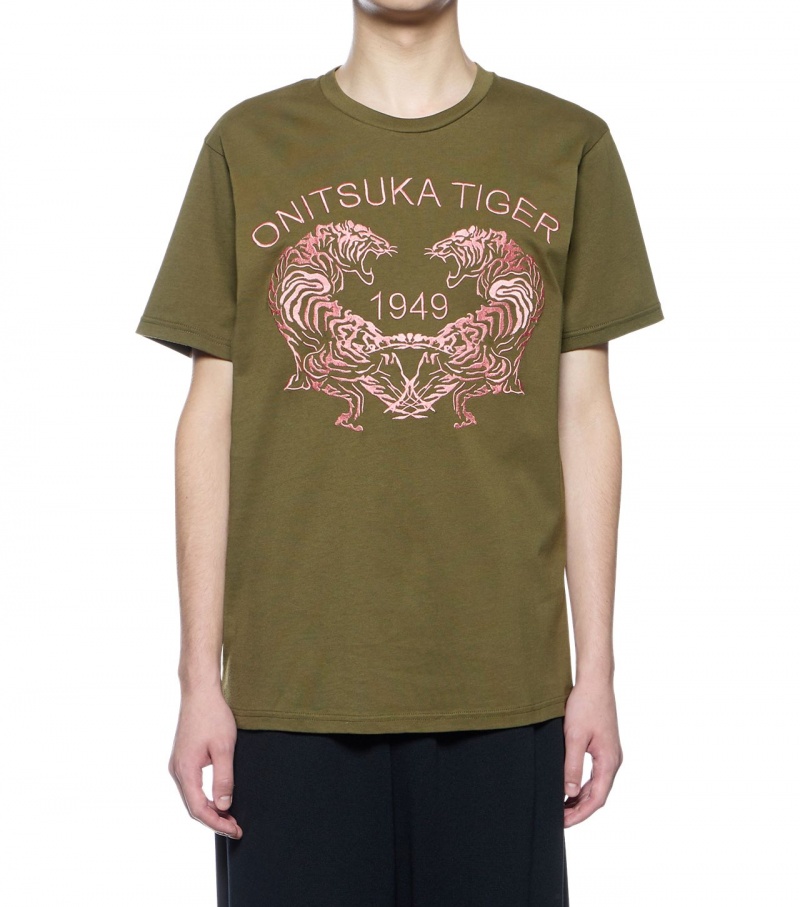 Khaki Onitsuka Tiger Graphic T Shirts | 25198-NOUH