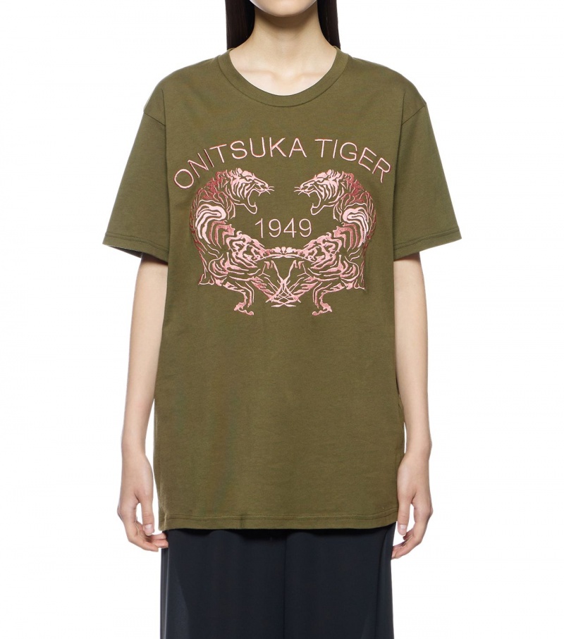 Khaki Onitsuka Tiger Graphic T Shirts | 25198-NOUH