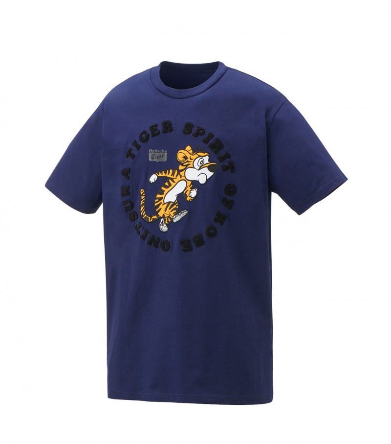 Navy Onitsuka Tiger Graphic T Shirts | 02861-ILTE