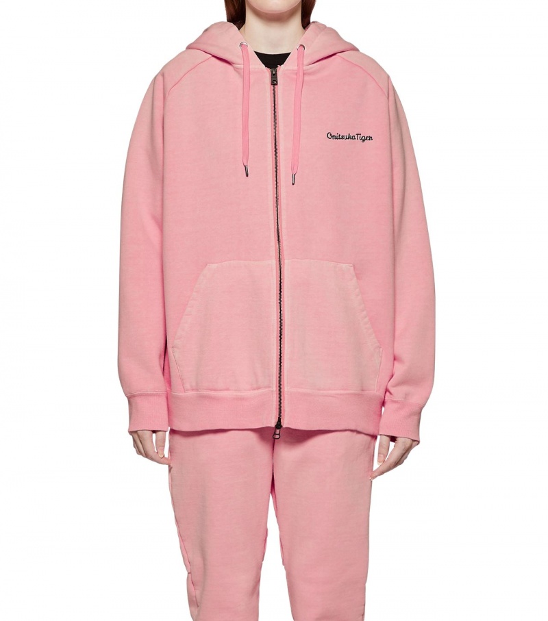 Pink Onitsuka Tiger Washed Zip Up Hoodie | 49281-CEDO