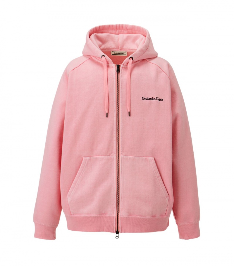 Pink Onitsuka Tiger Washed Zip Up Hoodie | 43708-CQLJ