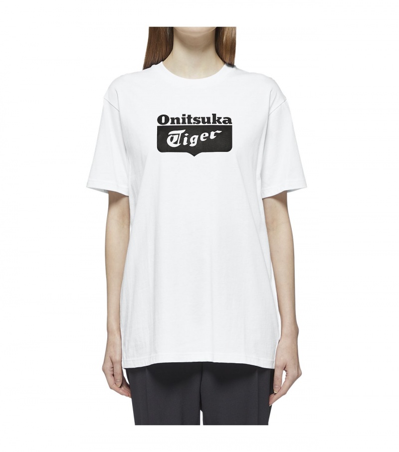 White / Black Onitsuka Tiger Logo T Shirts | 47862-ZEWX