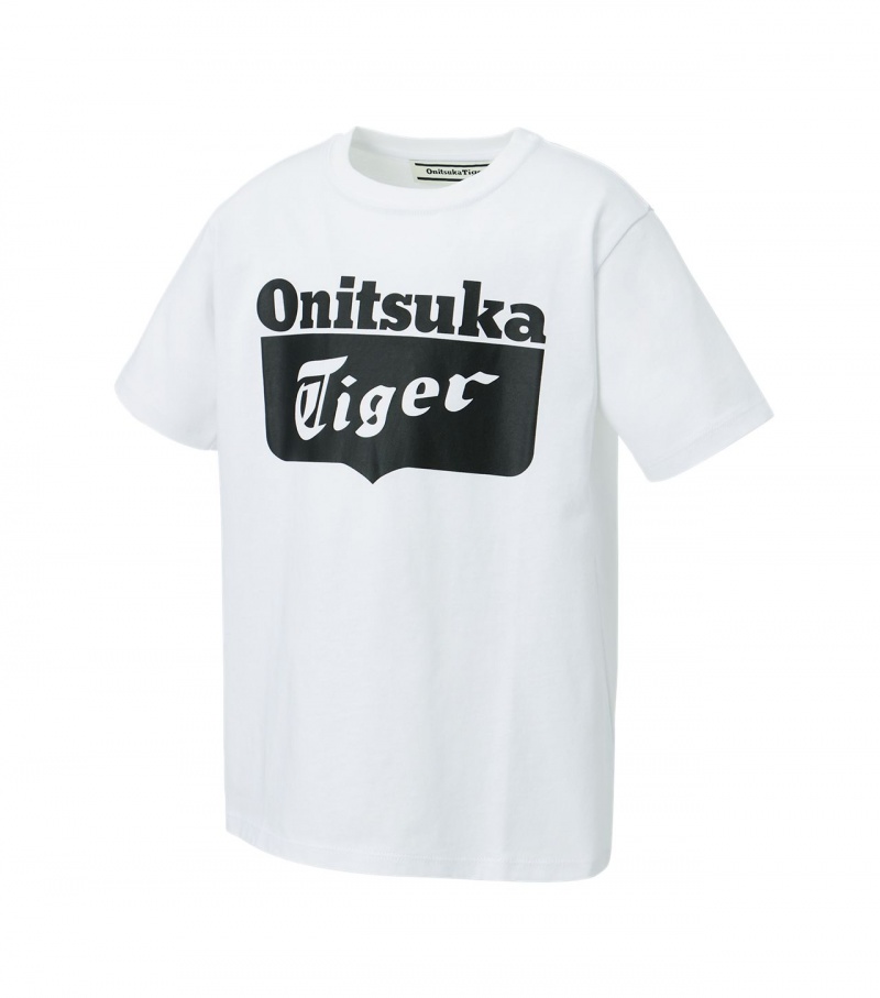 White / Black Onitsuka Tiger Logo T Shirts | 74169-GUOD