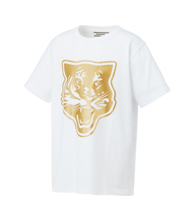 White / Gold Onitsuka Tiger Logo Graphic T Shirts | 14328-SXBZ