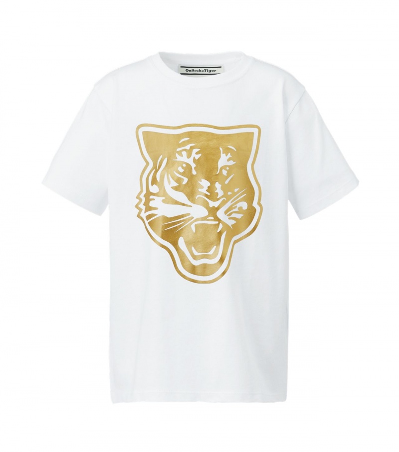 White / Gold Onitsuka Tiger Logo Graphic T Shirts | 14328-SXBZ