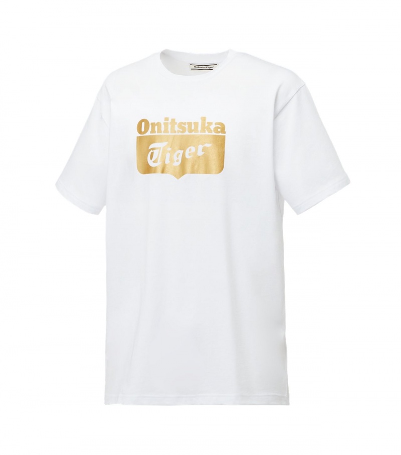 White / Gold Onitsuka Tiger Logo T Shirts | 84715-MSFJ