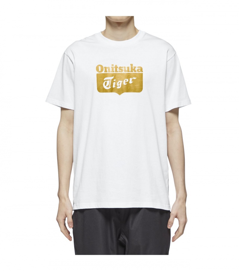 White / Gold Onitsuka Tiger Logo T Shirts | 84715-MSFJ