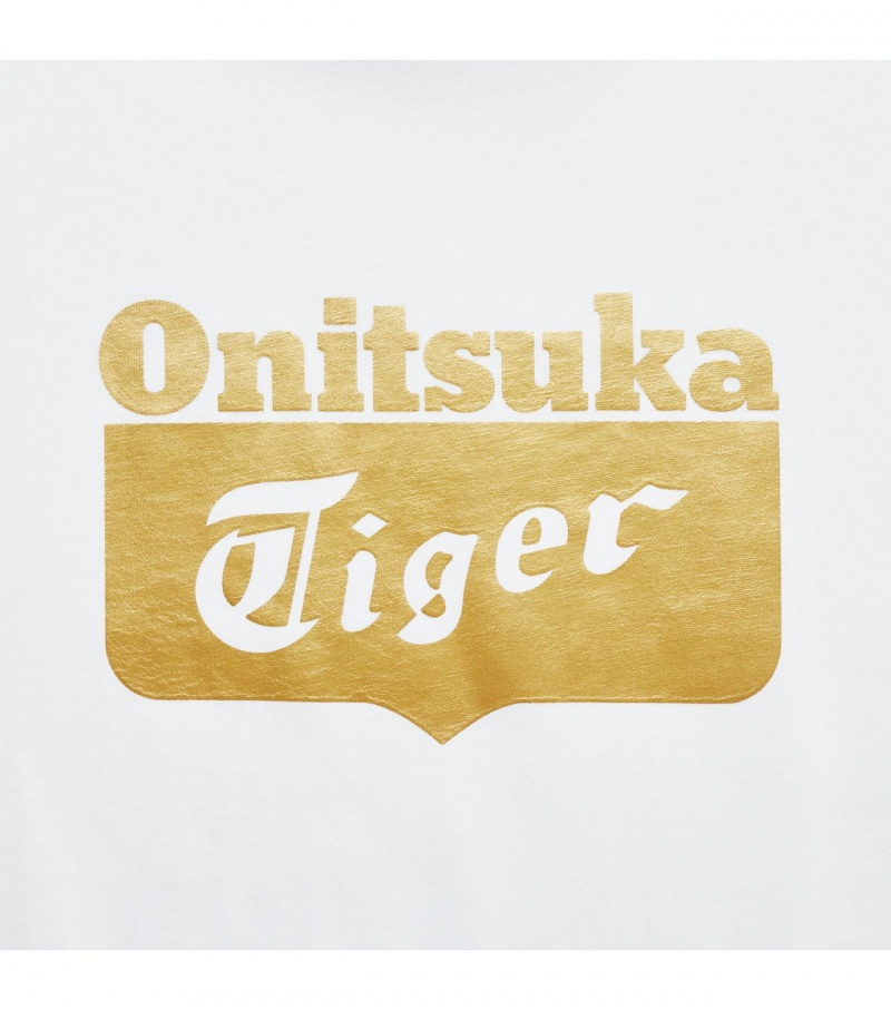 White / Gold Onitsuka Tiger Logo T Shirts | 84715-MSFJ