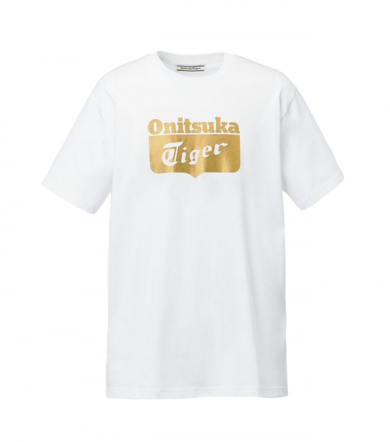 White / Gold Onitsuka Tiger Logo T Shirts | 84715-MSFJ