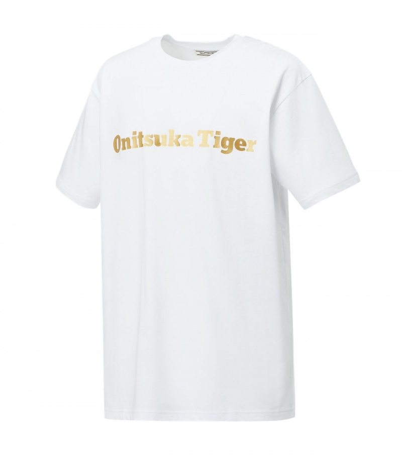 White / Gold Onitsuka Tiger Logo T Shirts | 35426-JOXV