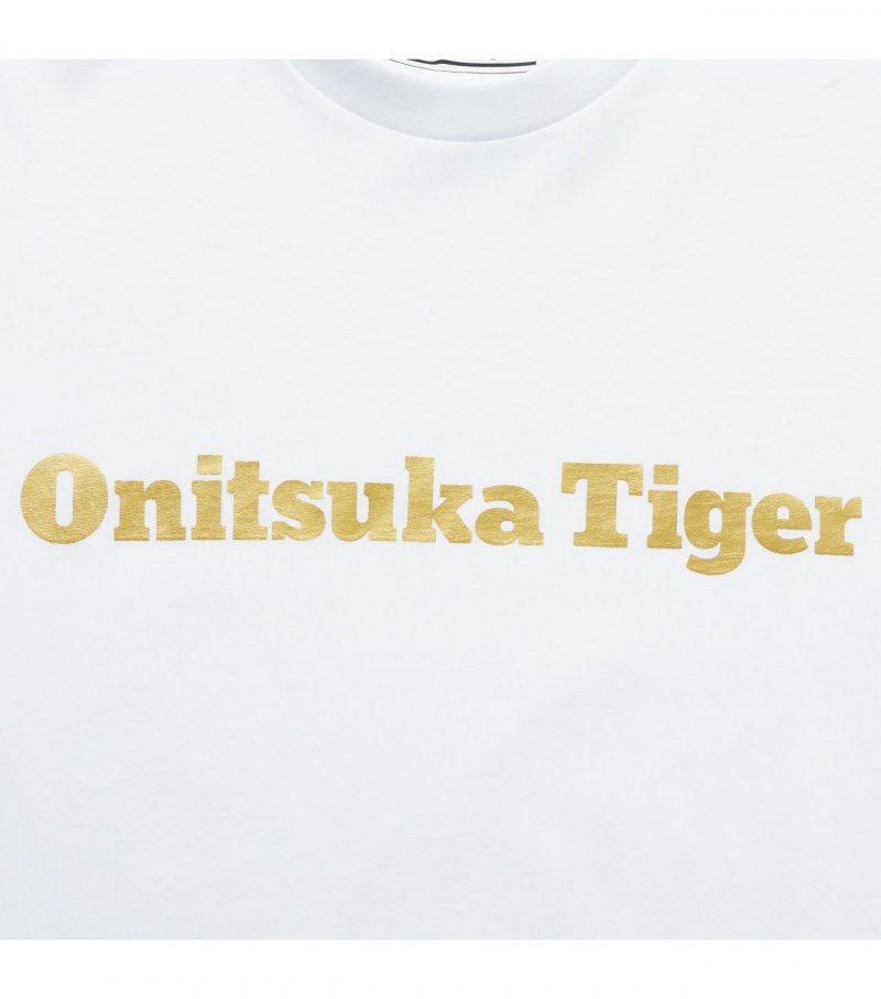 White / Gold Onitsuka Tiger Logo T Shirts | 35426-JOXV