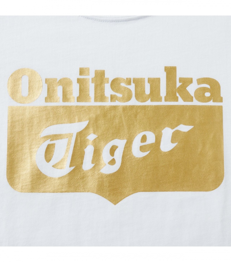 White / Gold Onitsuka Tiger Logo T Shirts | 96187-UCJK