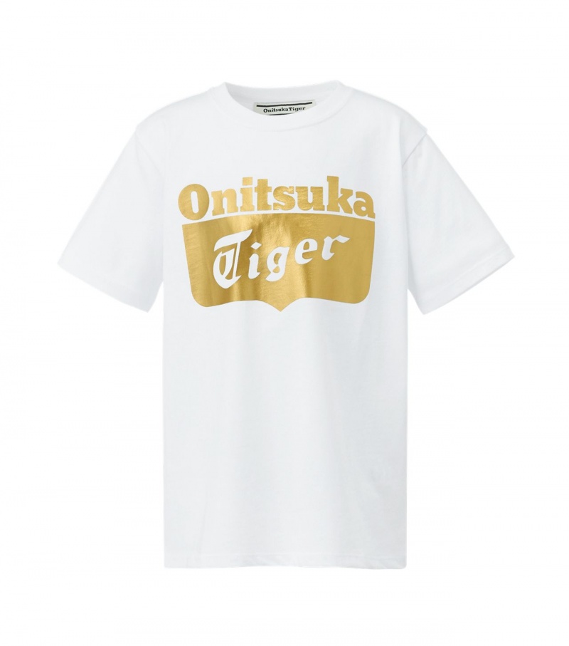 White / Gold Onitsuka Tiger Logo T Shirts | 96187-UCJK