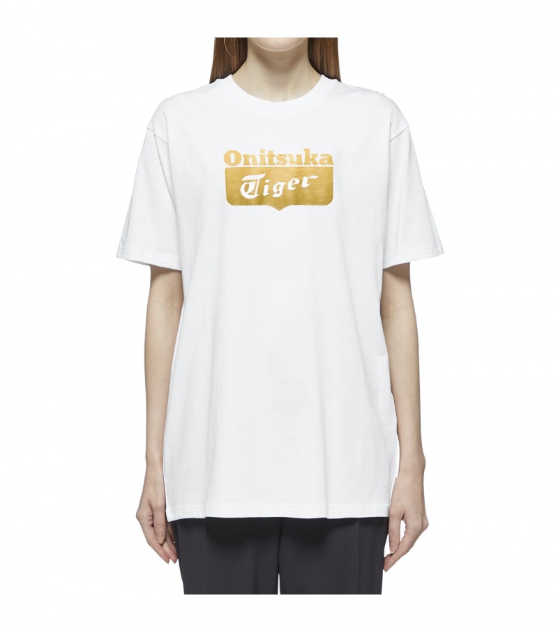 White / Gold Onitsuka Tiger Logo T Shirts | 68397-IURH