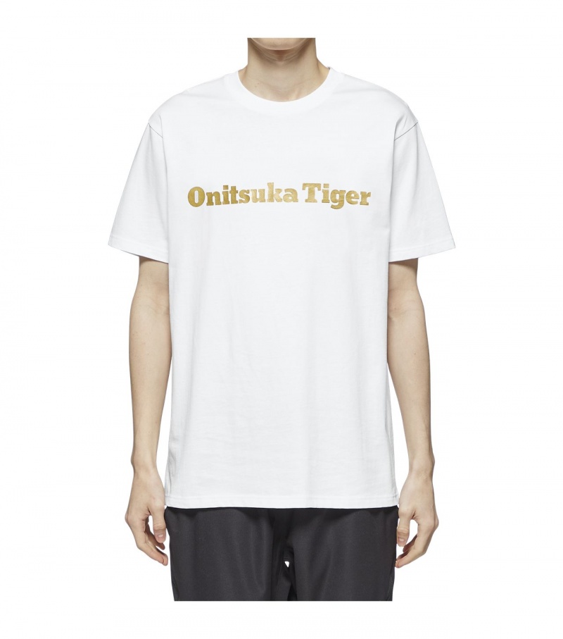 White / Gold Onitsuka Tiger Logo T Shirts | 42538-SHVD