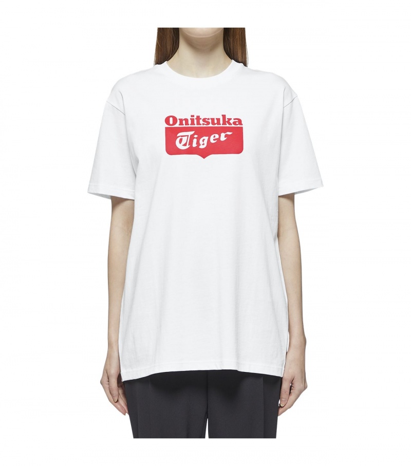 White / Red Onitsuka Tiger Logo T Shirts | 01287-PGEZ