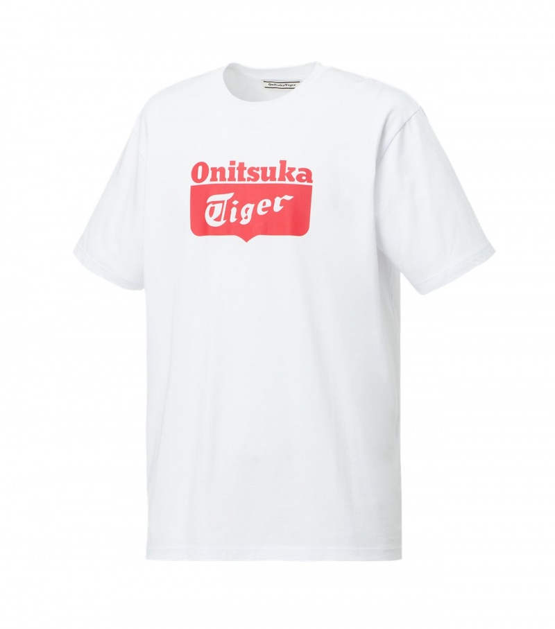 White / Red Onitsuka Tiger Logo T Shirts | 86014-EZFT