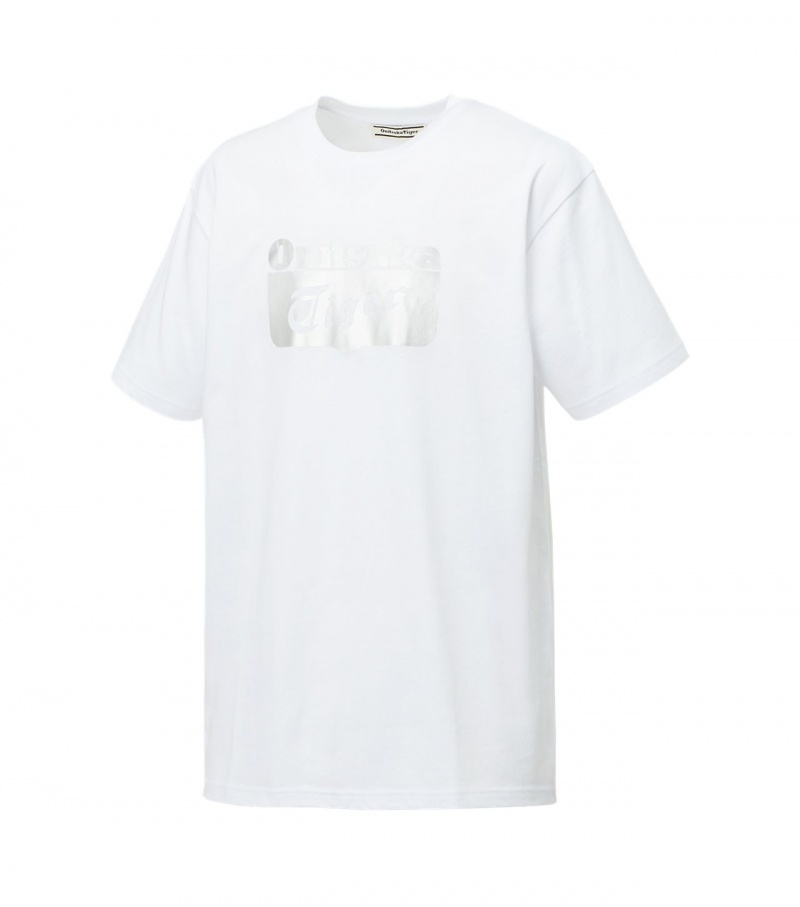 White / Silver Onitsuka Tiger Logo T Shirts | 92431-MZWS