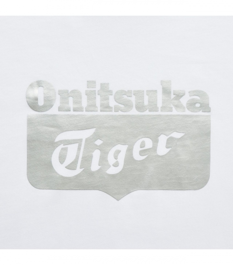 White / Silver Onitsuka Tiger Logo T Shirts | 92431-MZWS