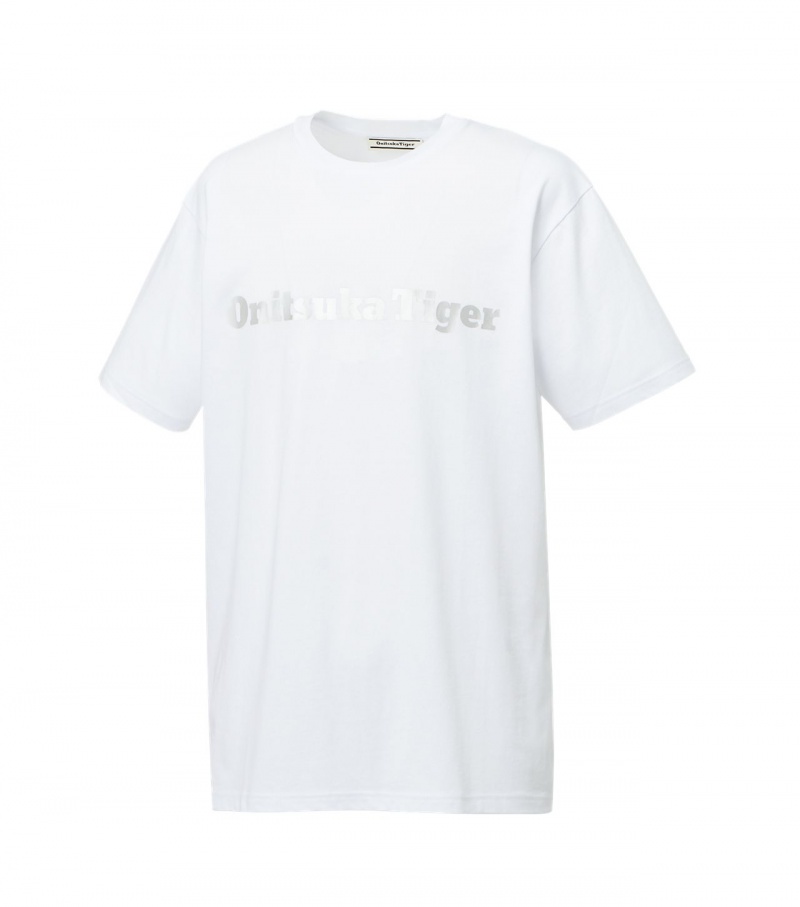 White / Silver Onitsuka Tiger Logo T Shirts | 09472-QKJE