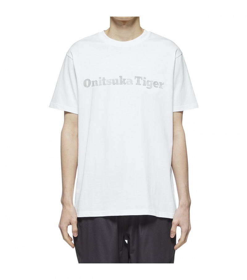 White / Silver Onitsuka Tiger Logo T Shirts | 09472-QKJE