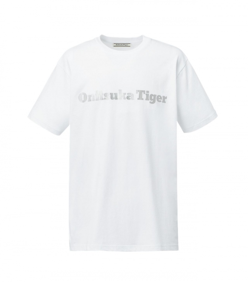 White / Silver Onitsuka Tiger Logo T Shirts | 07238-CPKA